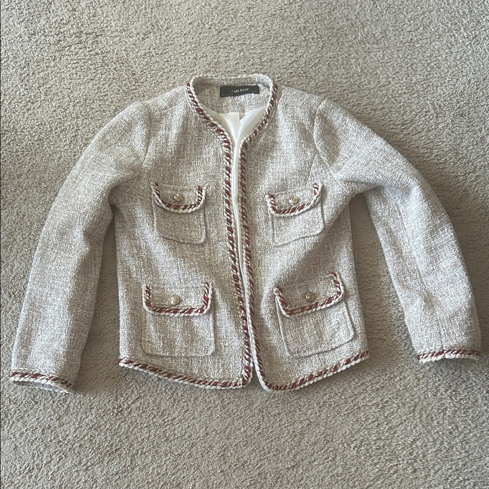 Zara Cream tweed jacket cream with red trim accents. 4 pockets. White